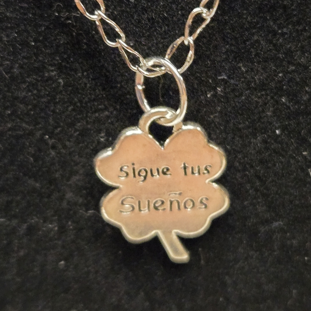Silver Four Leaf Clover with Spanish Words Necklace